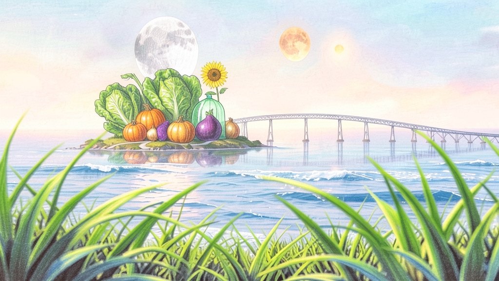 A tiny island of giant vegetables that snails live in, seen through giant grass, a long thin railway bridge over a calm sea, two moons in the sky